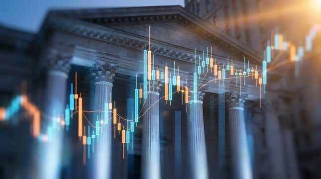 Financial stock market graph with candlesticks overlaid on grand neoclassical building pillars reflecting rising economy and investment growth opportunities.
