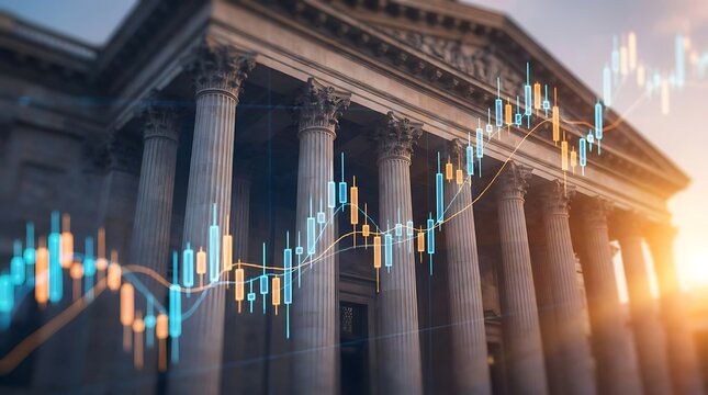 Financial stock market graph with candlesticks overlaid on grand neoclassical building pillars reflecting rising economy and investment growth opportunities.