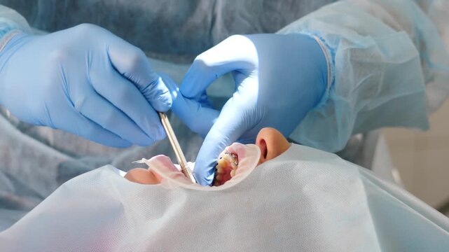 Dental surgeon gloved hands carefully tightening and fixing newly placed dental implant into patient gum using precise surgical instrument. Professional adult tooth implantation procedure. 4k shot