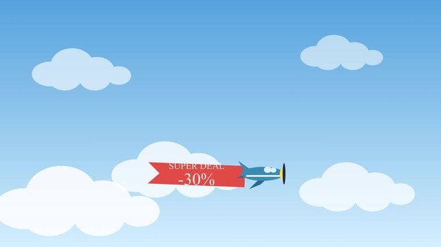 cartoon airplane flying sky with price drop discount banner animation, sale advertising