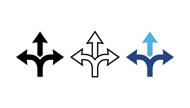 Three-way split arrow decision vector icon set isolated on white background