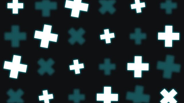 Abstract Pattern of Glowing White and Teal Plus Signs on Black Background, Digital Geometric Crosses Graphic for Technology and Medical Design