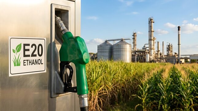 E20 ethanol fuel pump nozzle in foreground with lush green corn field and industrial ethanol production plant in background under blue sky.
