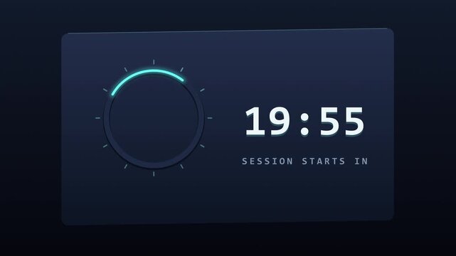 Digital countdown timer animation, futuristic clock face with progress ring, dark blue interface, session starting soon countdown