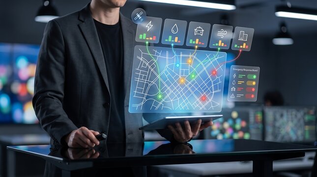 Smart city digital twin interface with holographic map and data analytics, businessman managing urban infrastructure via futuristic tablet, advanced logistics and energy monitoring system.