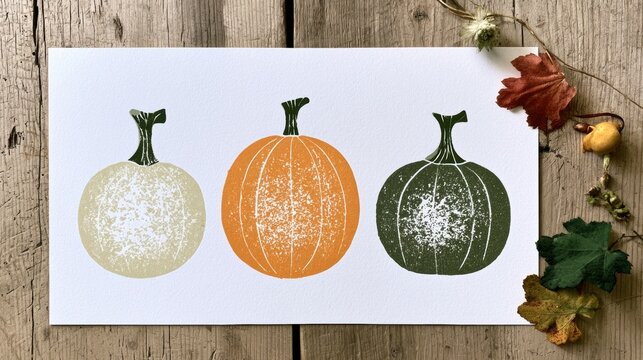 Three pumpkins are printed in a limited riso palette. This print captures the essence of harvest season on a wooden table.
