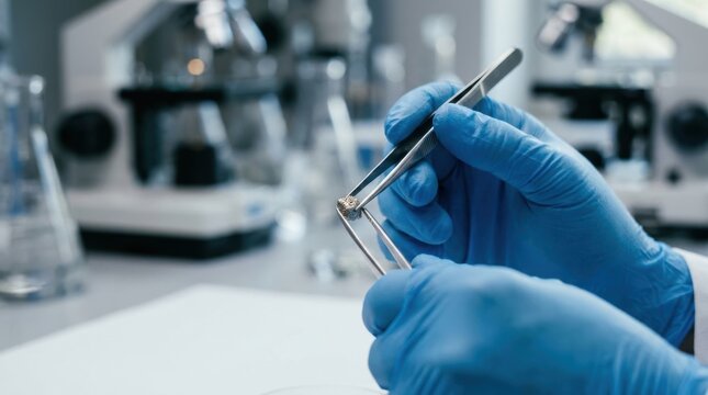 Close-up of gloved hands holding tweezers with a small sample in laboratory setting with scientific equipment in background