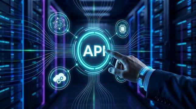 Man touching API application programming interface symbol connected to cloud chip server and network icons for software integration data exchange and system development.