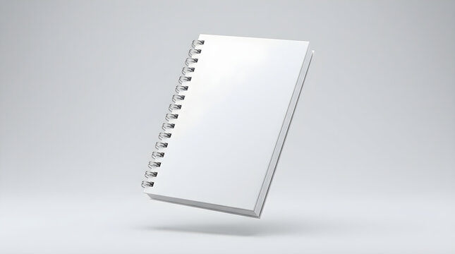 A clean, blank white spiral notebook floats with subtle shadows, isolated on white background. Ideal for mockups, learning, or creative brainstorming.
