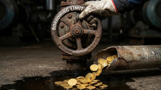 Global Debt Levels Concepts. Rusty industrial valve labeled borrowing limit controlling flow of coins spilling from broken pipe symbolizing financial restriction concept