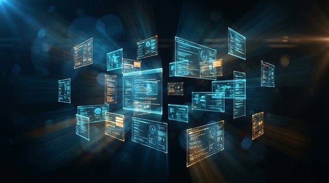 Abstract digital data screens floating in cyberspace with blue and orange glowing lights representing technology and information sharing.