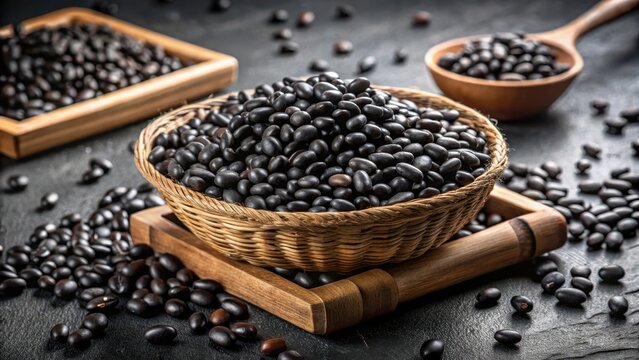 Black beans and grains in the wooden basket and in the wooden tray placed on the black cement floor high