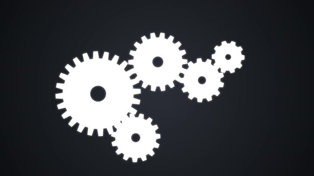 Animated white gears interlocking and overlapping in a complex mechanical pattern, motion graphic