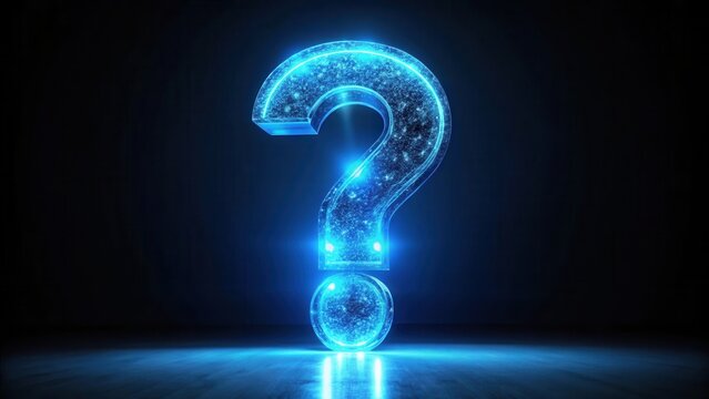 Blue question mark glowing on dark background