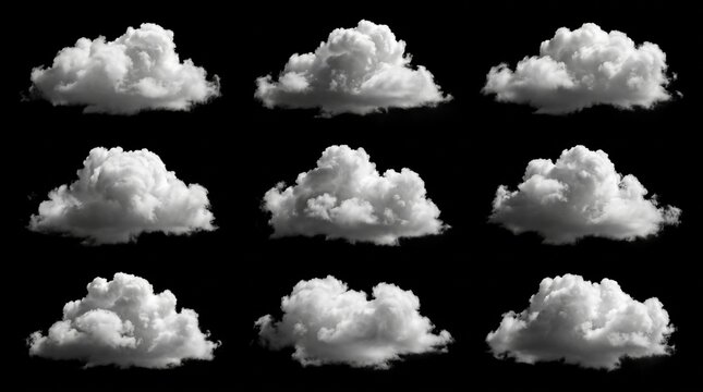 A collection of nine unique fluffy white cumulus clouds, arranged in a clean 3x3 grid composition, each cloud with a different natural shape and soft volumetric texture, isolated pure solid black 