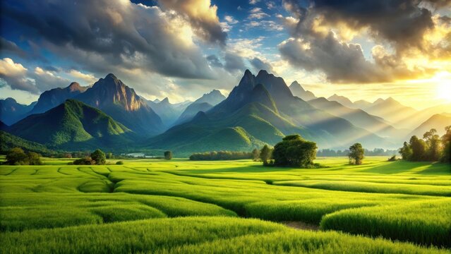 Green field with mountain and sky