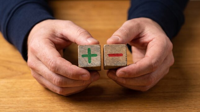 Relistic close-up of two human hands holding small wooden blocks side by side, one block displaying a green plus symbol and the other displaying a red minus symbol