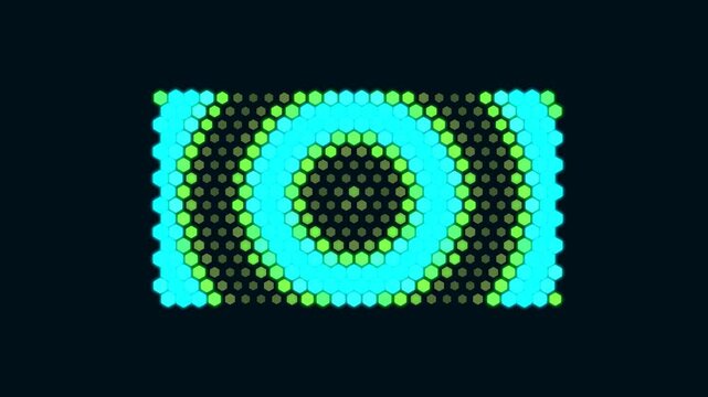 Neon hexagonal pattern with concentric circles. 2d animation