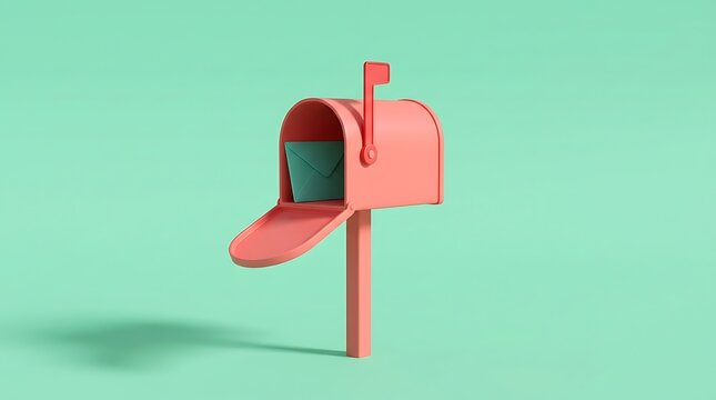 Pink retro mailbox with turquoise envelope inside and open flap on teal background, isolated object, communication symbol, postal delivery concept.