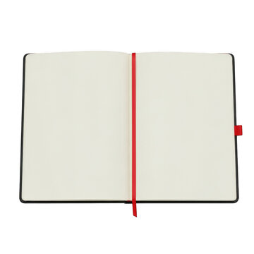Open blank notebook with red ribbon bookmark isolated on transparent background for writing and journaling mockups
