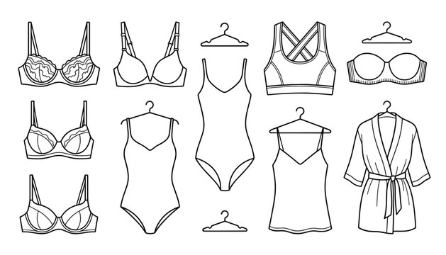 Women Lingerie and Intimate Apparel Line Icon Set Featuring Bra, Sports Bralette, Bodysuit, Camisole, Bathrobe, and Clothing Hangers for Fashion Retail Designs
