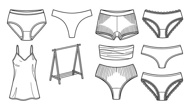 Women Lingerie and Underwear Line Icon Set Featuring Panties, Briefs, Thongs, Boyshorts, Camisole Nightgown, and Clothing Rack for Fashion Retail Graphic Designs