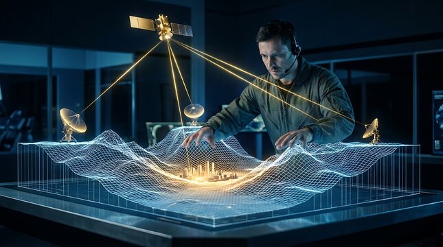Futuristic satellite communication system hologram displays topography with man in headset controlling interactive global data network for advanced intelligence gathering and analysis.