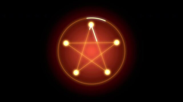 Burning pentacle symbol in circle animated motion graphic, occult ritualistic glowing energy