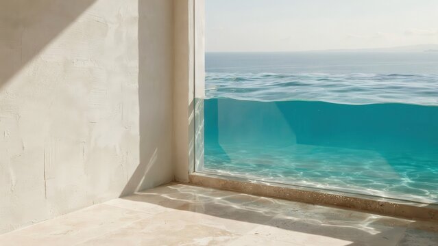 A view from a minimalist interior looking out through a large glass window at a turquoise infinity pool merging with the calm blue ocean horizon