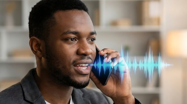 young black man talking on phone experiencing audio visualization waves emanating from device representing sound or communication technology active.