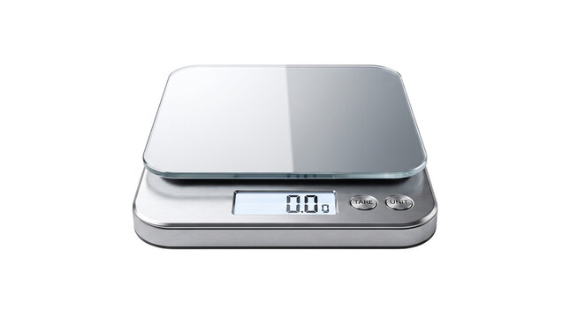 Digital Kitchen Scale, Precise Measurement Tool, Stainless Steel and Glass, Food Weighing Device, Culinary Accuracy isolated PNG with Transparent Background