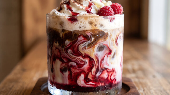 Iced Raspberry White Chocolate Mocha topped with Whipped Cream and Fresh Raspberries Close-Up