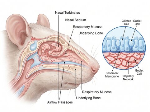 Anatomical Illustration of Rat Nasal Turbinates and Respiratory Mucosa Structure with Cellular Detail