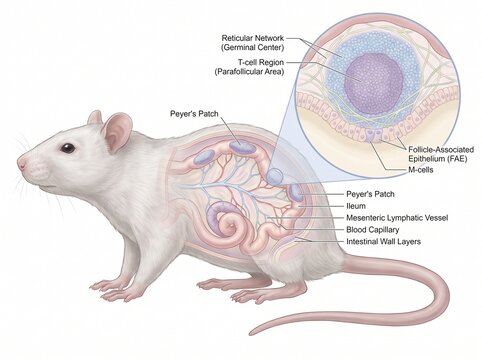 Medical Illustration of Rat Anatomy Showing Intestinal Lymphoid Architecture and Peyer's Patch Structure