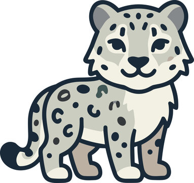 Cute cartoon snow leopard illustration, playful big cat with spots, isolated on white background.