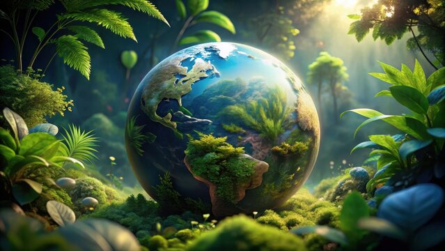 Earth nestled within lush foliage