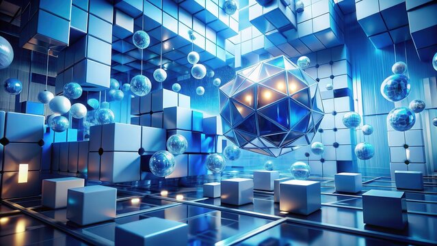 Abstract blue and white design with geometric shapes suggesting technology and modernity