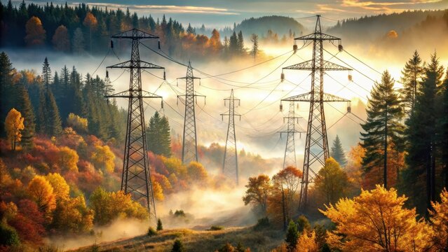 View of high power lines on an autumn morning in a foggy forest