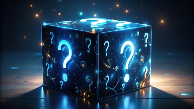 Dark blue question box with glowing marks