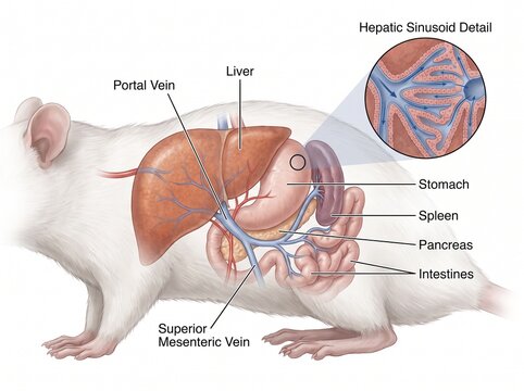 Rat Hepatic Portal Circulation System and Internal Anatomy Diagram with Labels
