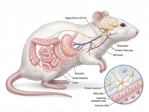 Medical Illustration of Rat Gut-Brain Axis Anatomy showing Vagus Nerve and Digestive System