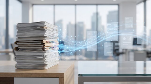 Stack of paper documents transforming into digital files in an office