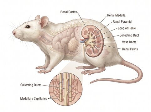 Rat Kidney Anatomy Diagram with Labeled Internal Structures and Microscopic View