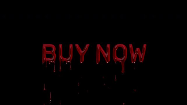 BUY NOW bloody call to action, dripping blood button text for ecommerce ads, product promos, checkout prompts and Halloween shopping reels