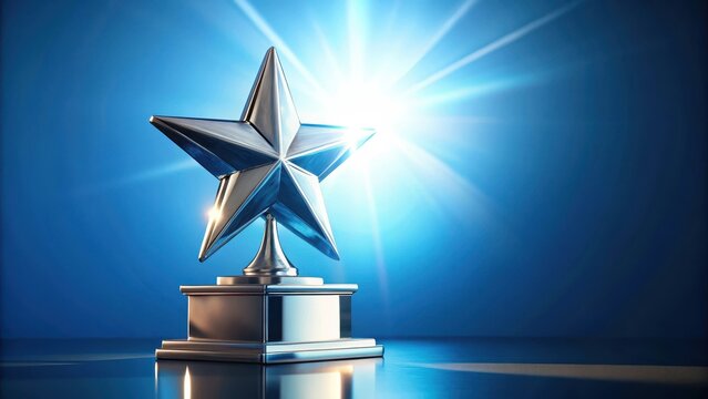 Shiny silver star trophy award against blue background reflecting success and achievement