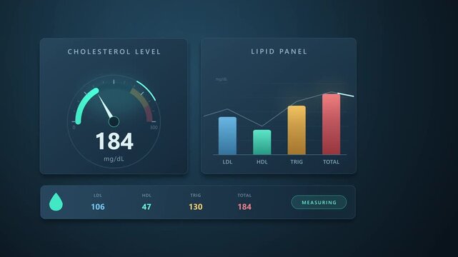 Cholesterol level measurement gauge and graph animation, medical data visualization, health monitoring