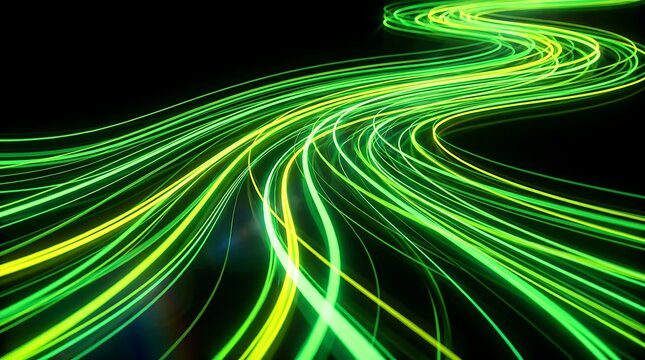 Flowing abstract green and yellow light trails creating dynamic curves on a dark background, representing fast motion and energy transfer in digital networks.