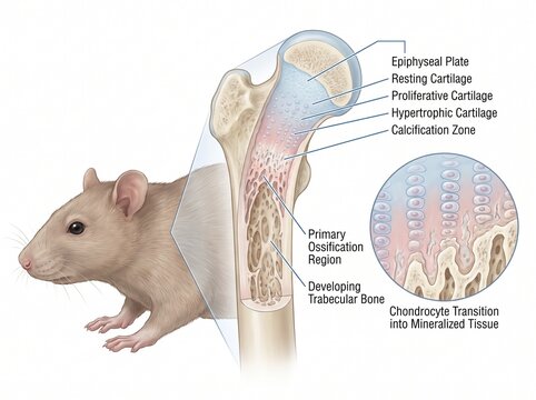 Scientific Illustration of Rat Bone Anatomy Showing Endochondral Ossification and Cartilage Zones