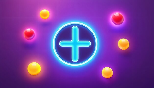 Blue glowing plus symbol surrounded by colorful spheres