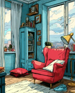 A cozy nook displays a red chair, blue cabinet, and warm sunlight coming through the window. Plants and books fill the space for an inviting feel.
